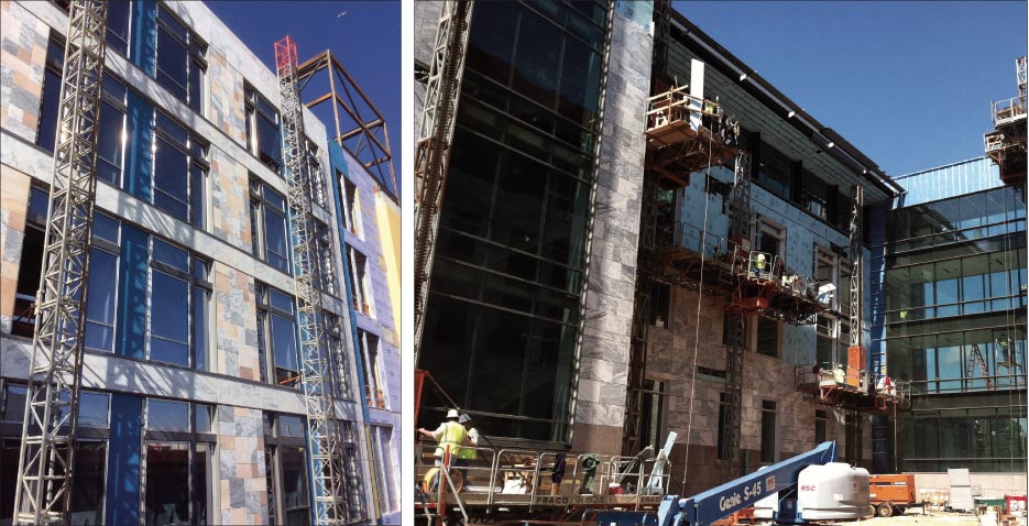 Construction in progress on the Emory University Hospital (above) and the  Emory Health Sciences Research building (below) in Atlanta, Georgia, features a multi-colored quilt of white, pink and grey marble. Cliff Brannon comments, “Technology has not had much of an effect on the anchoring or attaching of stone to buildings. We’ve pretty much done it the same way for years.”  The University Hospital project used 40 containers of Portuguese marble and 11 tractor-trailer loads of Cold Spring Granite. The Health Sciences Research building used 32 containers of marble.