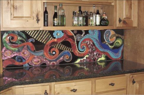 The full-height backsplash Waves in Color is six feet by eighteen inches high. “To be honest, when I’m working, sometimes I’m not sure how I’m going to finish the background, but as I progress it reveals what the final will look like. That was true with Waves in Color. I didn’t know how I was going to fill in the background, but I just kept working and it came to me,” she explained.