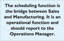 The scheduling function is the bridge between Sales and Manufacturing. It is an operational function and should report to the  Operations Manager.