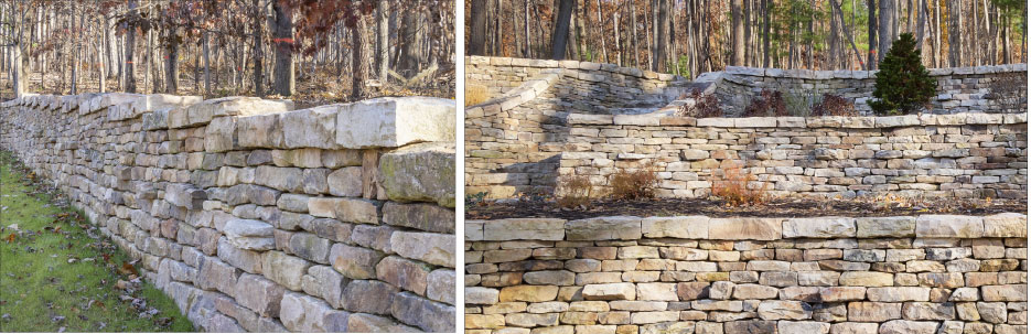 This traditional dry laid wall project includes a running wall, terraces and stairs.  According to Peachy, it took 30 dump truck loads of stone. 