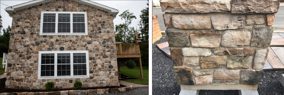 This traditional, new home construction features natural stone thin veneer by Dry House StoneWorks.  Peachy: “It’s very important that they look like full bed-depth stone when installed, and not just little pieces of veneer.”   A sample of mixed colors in a thin veneer.