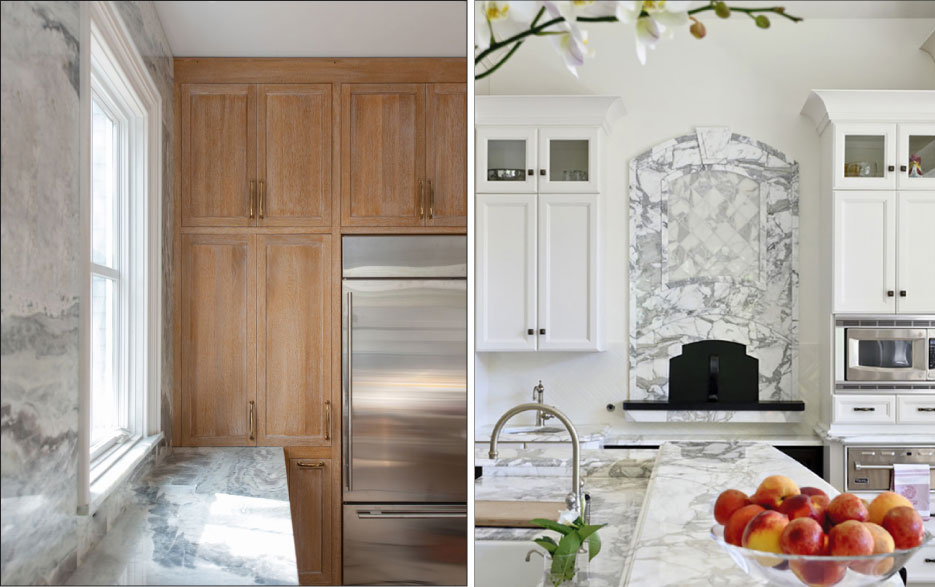 Above, Right: Natural Quartzite, Misto, 3cm polished from Terrazo and Marble Supply.   Photo Credit: Suzanne Shumaker for Shumaker Design+Build Associates   Above, Left: Calacatta gold kitchen with a pizza oven.   Photo courtesy of Artistic Tile.