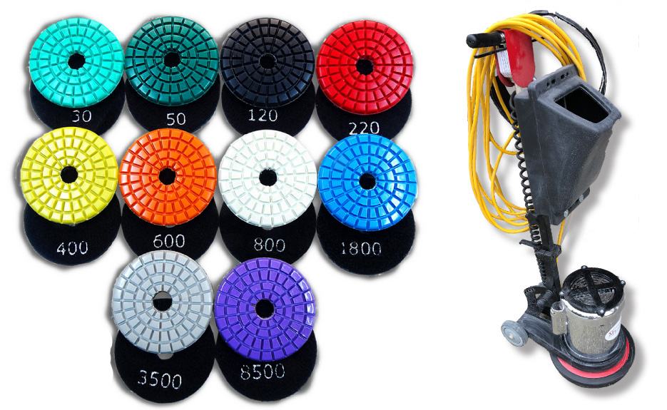 M3 Technologies TX Triple Thick discs are designed for grinding, honing and polishing marble, limestone, onyx, terrazzo, and similar hard materials. The Majestic 13-inch Heavy Duty Floor Machine is an excellent small-footprint polisher for maintenance.