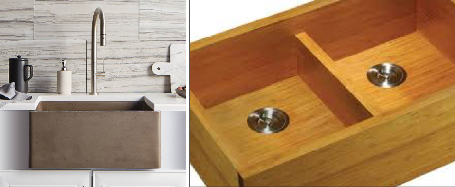 Above, left: Undermount Concrete Farmhouse-style  Above, right: Bamboo Double-Bowl Sink