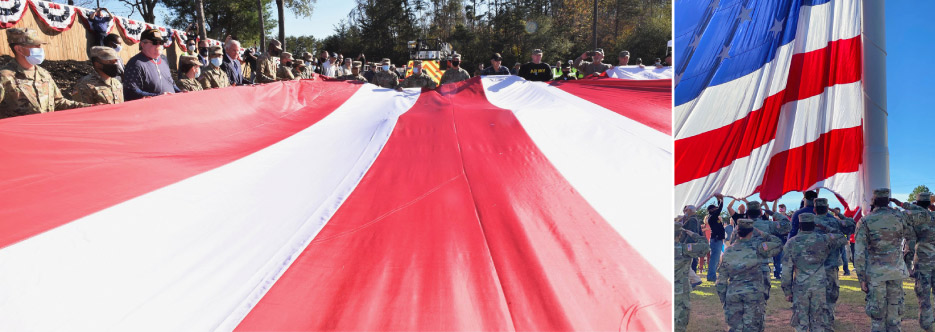 U.S. Armed Forces veterans and volunteers spread out the 20 x 40 foot flag before hoisting.