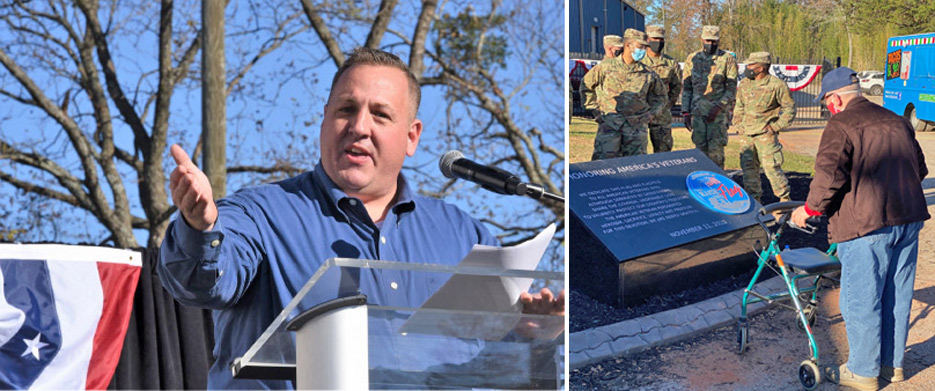 Paul Nichols, owner of Upstate Granite Solutions,  thanks the assembled Vets as they dedicate the flag. Over 1,500 people, including 300 veterans and active- duty U.S. soldiers turned out for the celebration.