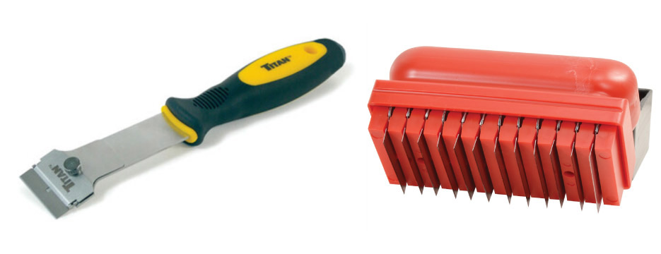 Above, left: A long-handled razor holder with heavy duty razor blade gives you the leverage to remove stubborn substances like carpet adhesive.  Above, right: The Shaveit Filer and Seam Cleaner turns regular razor blades into a powerful tool.