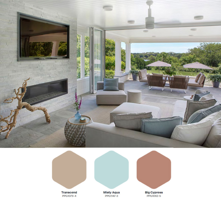 PPG’s Be Well palette consists of three hues: Transcend, Big Cypress, and Misty Aqua. Transcend is a mid-tone oatmeal-colored hue which draws on earthy influences and nostalgia and grounds the Be Well palette