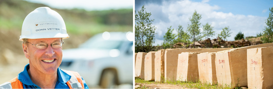 Donn Vetter, QuarAbove, left: Donn Vetter, Quarry Manager at Vetter Stone. Vetter Stone  Above, right: Buff Limestone blocks before processing.