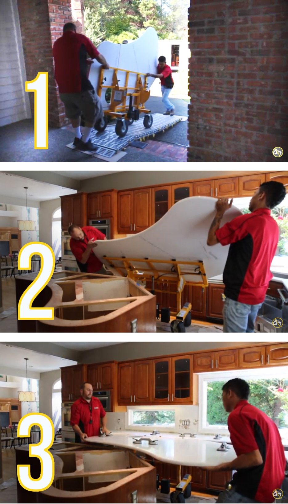 delivering and installing oversize or irregularly-shaped countertops becomes safer and more manageable with two installers when using the No-Lift System. Chad Leverich and Alan Ramirez maneuver this oversize, kidney-shaped top into place.