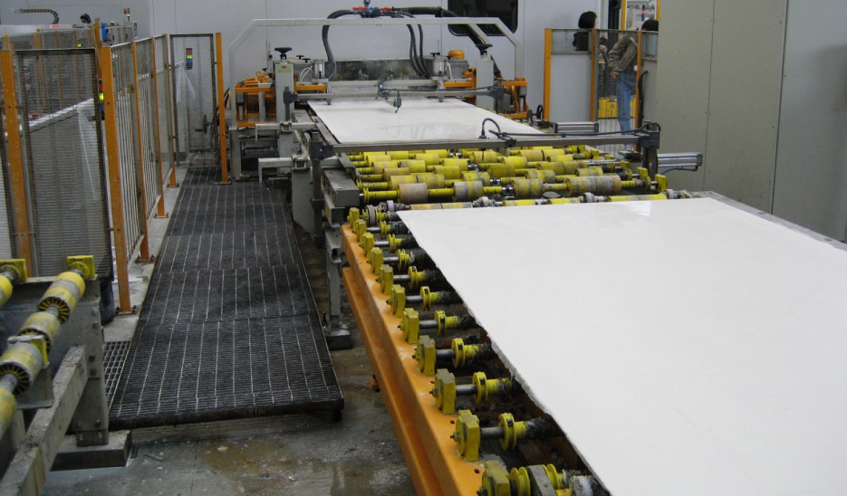 An extensive amount of machinery and energy is used to finish and cut engineered quartz into slabs.