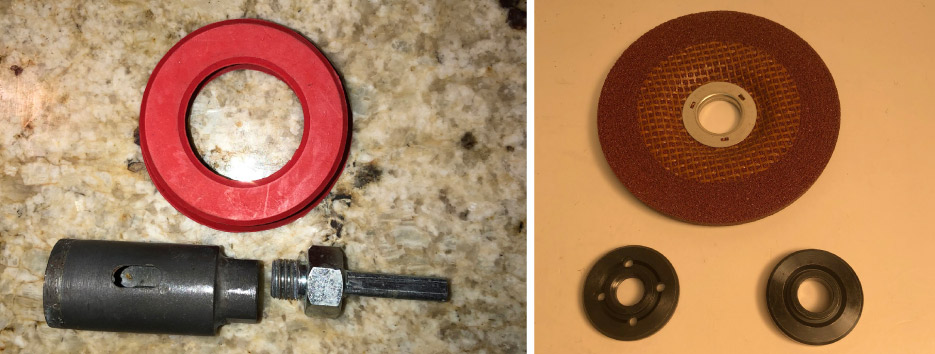 Left: 5/8 x 11 core bit adapter for drill, and rubber water retaining dam  Right: Flanged adapter for blades and zip wheels. Bottom left: quad adapter.