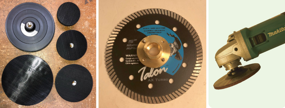  Above, left: 3, 4, 5, and 7-inch Velcro drivers, and a 7-inch hook pad driver.  Above, middle: Four hole adapter (quad) with turbo blade mounted.  Above, right: Cutoff /zip wheel mounted to an adapter on a grinder.