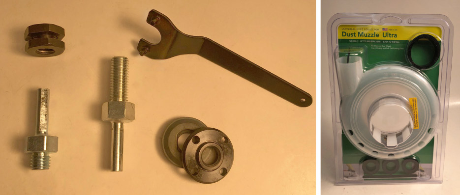 Above, left: Various useful adapters, and a specialty spanner wrench. The pins on the wrench are designed to fit the adapters and hand tools.  Above, right: Dust shroud for dry grinding using a dust extractor/dry vacuum system. Makita also offers a shroud to precisely fit its 4-1/2 and 5-inch grinders.