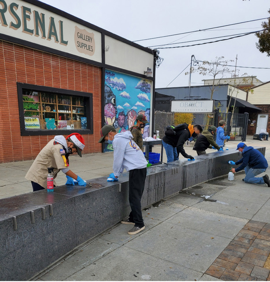 This flamed Black granite wall pays tribute to Norman Mineta and many others who influenced Japantown over many years, going back to the late 1800s.