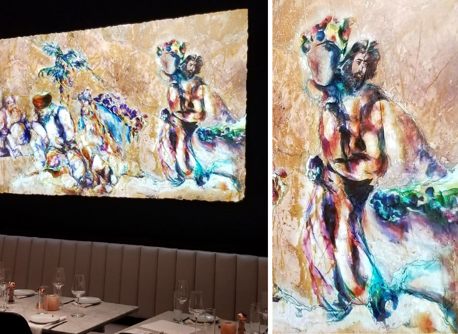   The artwork  Bénédiction is displayed on a Brèche de Vendôme marble slab, shown here installed at Salt Steakhouse – detail at right.