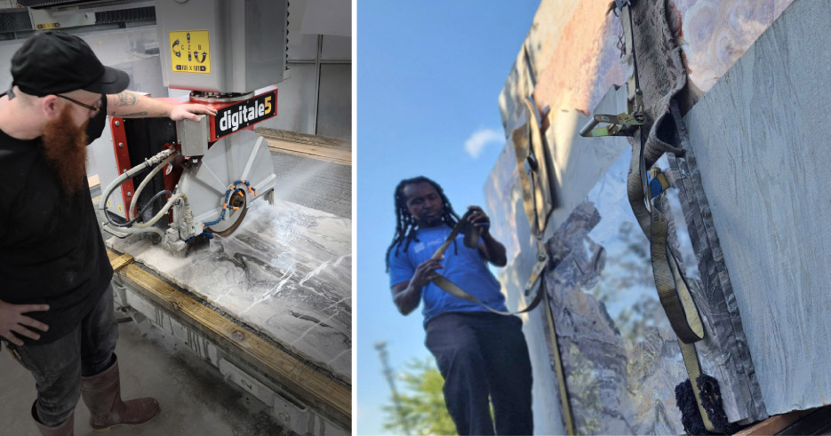 Above, left: Trimming the slab of marble chosen for Dissent (above, right), being carefully loaded for transport.