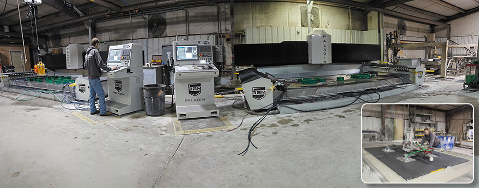 Kitchen Creations’ 6,000 square-foot fabrication shop runs two BBM Paladin CNC machines, a Northwood SawJet, a Matrix Sebring bridge saw, and a Park Industries Fastback backsplash polisher. Inset: A Manzelli lifter and overhead crane system help move material safely from saw to CNC.