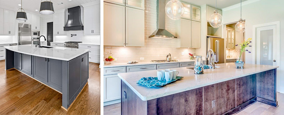 Left: Calacatta Machia Vecchia quartz island and perimeter countertops installed in a builder client’s home.  Right: Bianco kitchen counters and island fabricated and installed in a display home. 