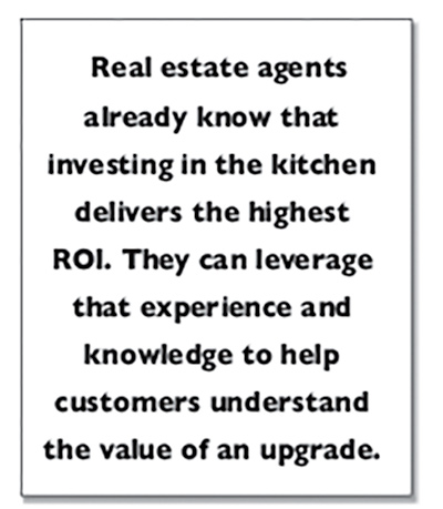 Real estate agents already know that investing in the kitchen delivers the highest ROI. They can leverage that experience and knowledge to help customers understand the value of an upgrade.