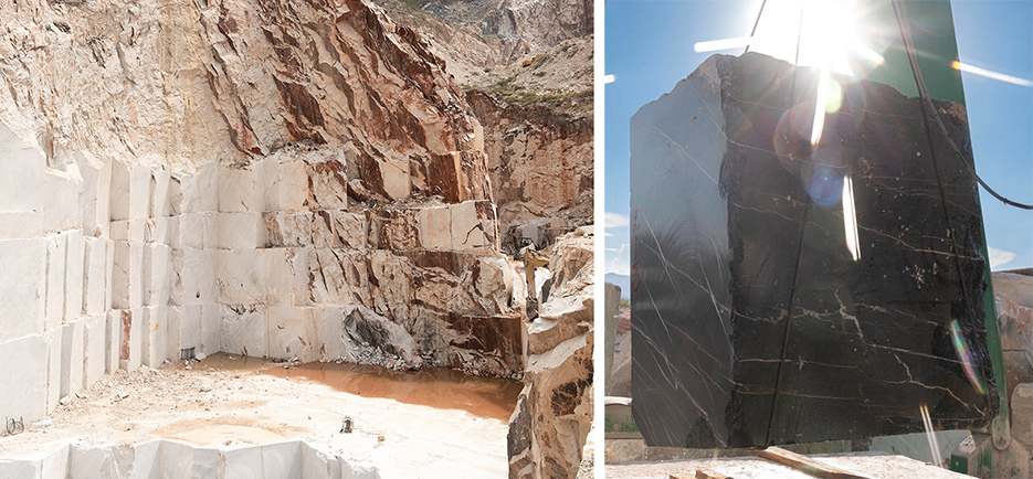 Left: Castelli Marble is vertically integrated from the quarry to the client. The exclusion of an intermediary allows Castelli Marble to assure the highest quality of raw stone to finished product.  Right: A Nero St. Gabriel marble block is being prepared for cutting.