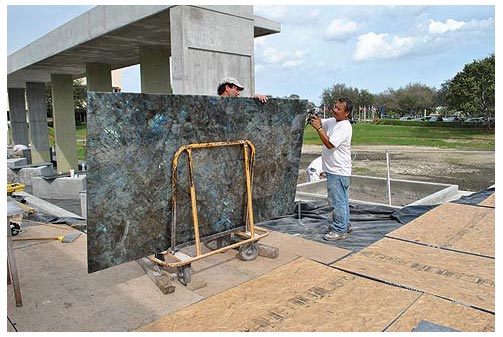 Marble of the World donated the exotic stone Labradorite Blue Extra used in the monument, scheduled to be completed for the dedication ceremony March 16, 2012.