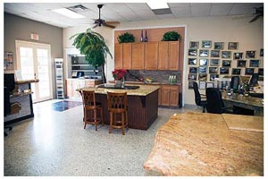 Abundant with seating nooks and crannies, European Marble’s showroom in Sarasota, Florida is filled with imagination-inspiring vignettes of such home settings as center islands, bars, kitchens and vanities. 