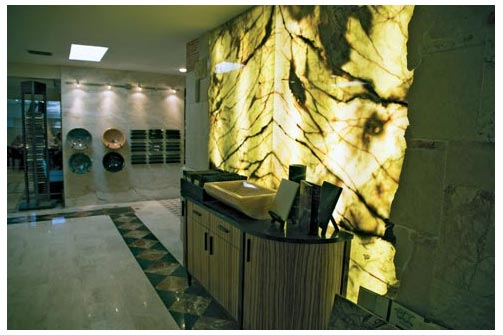 At European Marble, a backlit, book-matched, onyx display