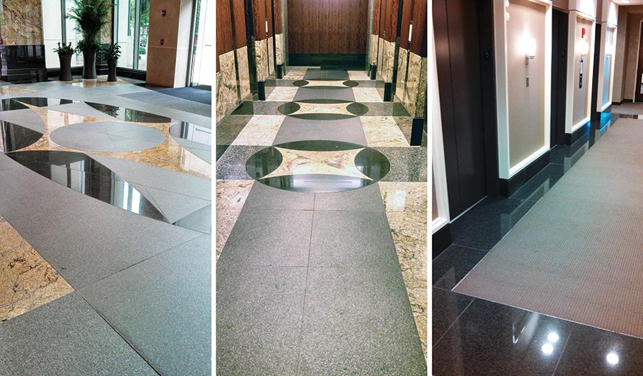 Left and Center: Flamed and polished granite, with polished marble­—lobby and elevators. Right: High traffic area, floor combination with polished granite and carpeting.