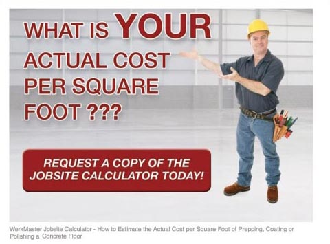 The JobSite Calculator is designed to assist all contractors, regardless of the brand, make, model, size, weight, type and number of machines they own on estimating the Cost per Square Foot of a job. It takes into account productivity based upon hardness of the concrete surface, what is on the surface that has to be removed, with which diamond abrasive bond or specialty tooling. Developed using Microsoft XL, the program will be released in the future as an App, making it even easier to provide a quote immediately through smart phones or tablets.