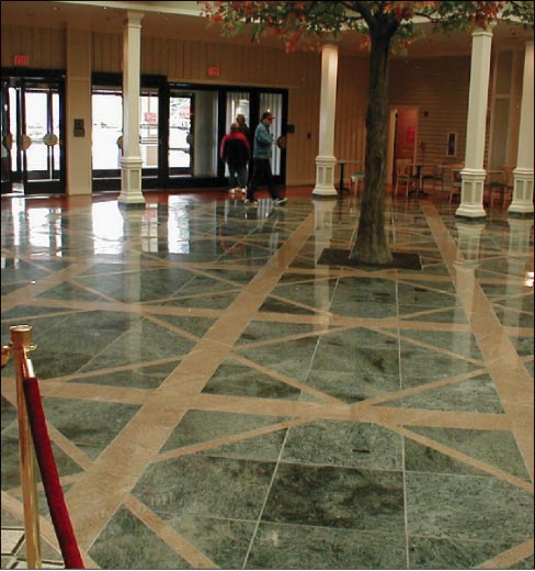 This casino entrance area paved  with serpentine is maintained with Stone Soap. Larger commercial properties often have their own building service contractors who subcontract out for the specialized knowledge needed to care for these expensive surfaces. That’s where your reputation as a capable restoration expert comes in.