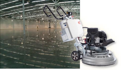 This large space is a future showroom/retail space with a polished concrete floor. Polished concrete requires similar but specialized equipment to maintain, like the propane-powered Lavina 30G-X machine shown 