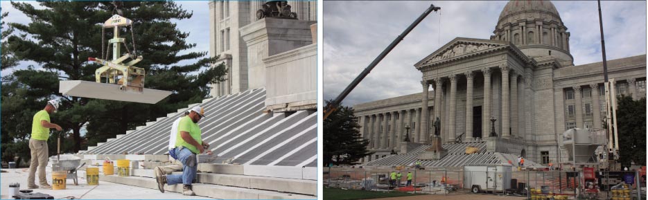 South steps stair installation. Phenix Marble supplied 8,500 cubic feet of the large-scale cut stone for the stair treads and landing.