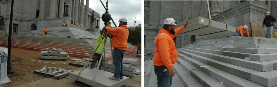 above left: Landing blocks from the Phenix quarry being hoisted into place, on the south side of the Missouri State Capitol Building.  