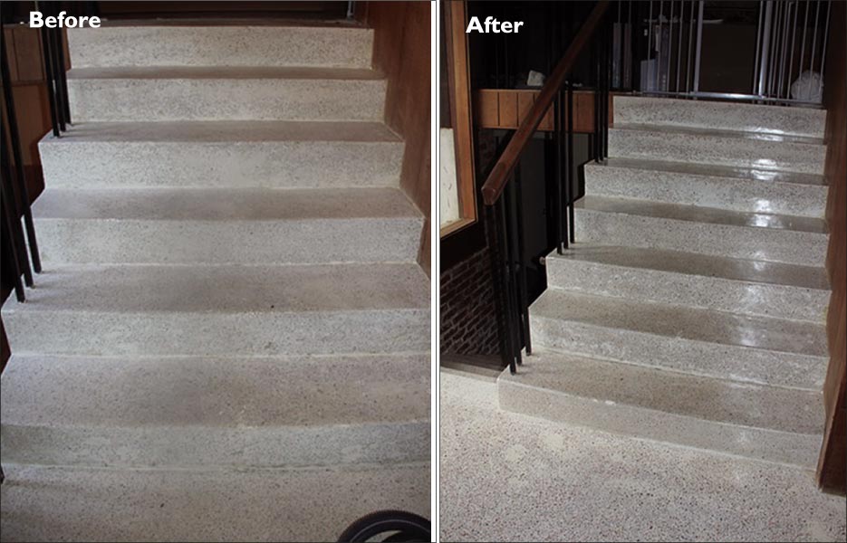 The poured terrazzo stairs were also in pretty rough shape, including acid staining and wear. The client wanted to restore clarity, color and shine. 