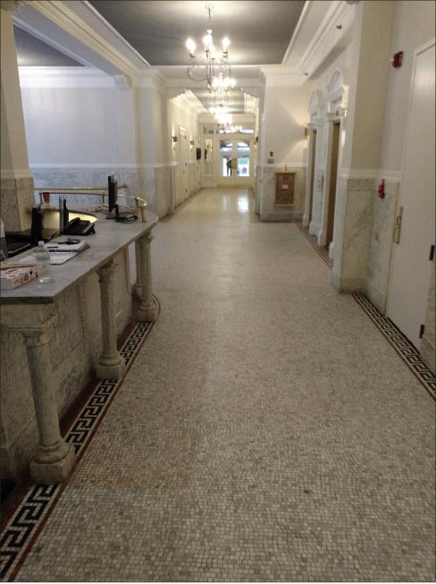 The Marble Restoration Co. has mastered the challenging art of cleaning and restoring delicate antique stone work like this turn-of-the 20th century mosaic floor in the Belgravia Hotel building.