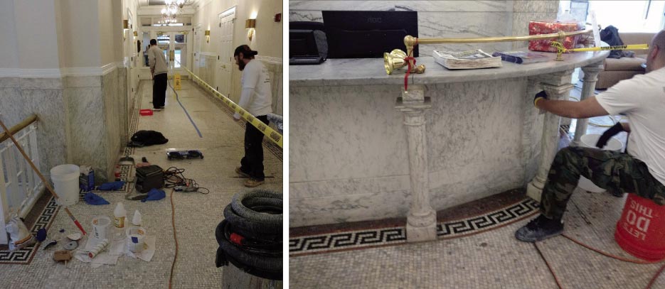 Cleaning and restoration in progress on the Carrara marble walls, reception desk,  and the extremely dirty and worn tile flooring. The job covered about 3,000 square feet of marble.