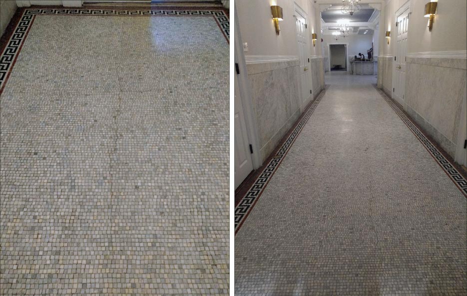 Hallway floor and wall after restoration