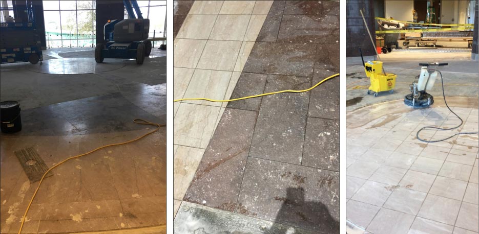 Above, Left: Rotunda construction in progress – note the heavy equipment lifts and general construction clutter.  Above, Middle: With equipment out of the way, restoration can begin.  Above, Right: Cleaning and grinding/honing in progress. Starting at the 100 grit level, the edges were cut in, then followed by the floor machine at 100 grit and so forth up to 800 grit.