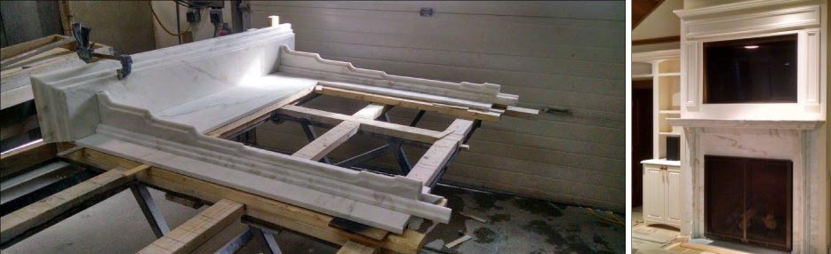 Above, Left: The entertainment center work in progress.  Above, Right: Danby Imperial Marble custom fireplace and entertainment center as installed in a New Hampshire residence. 