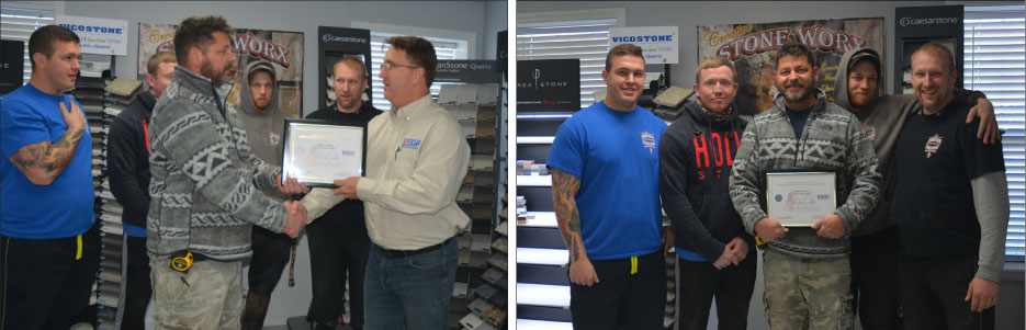 Above, Left: T.J. Johnson, representing ESGR,  presents the award to Foster.  Above, Right: All the team members at Creative Stone Worx understand they will have to take up the slack while Clark is deployed. “We are a family first and foremost. That’s just the way we do things,” said Foster.