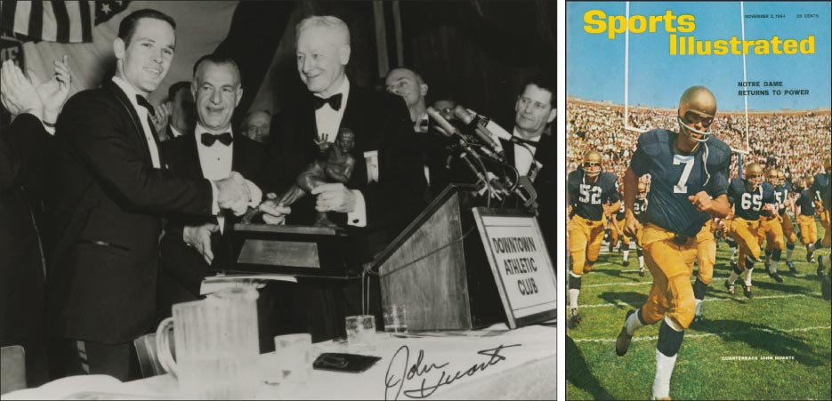 Above, Left: Arizona Tile Founder John Huarte receives the 1964 Heisman Trophy as quarterback of the Notre Dame    Above, Right: Huarte on the cover of the Nov. 1964 Sports Illustrated Fighting Irish