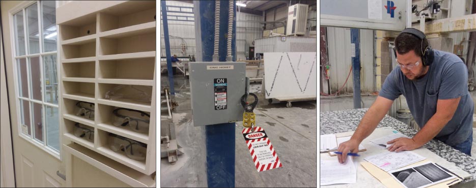 Above, Left: Two ideas to promote safety in the shop: A handy storage space and easy access for eye protection for visitors   Above, Middle: A lock out tag for cranes and hoists.    Above, Right: Enforcing mandatory hearing protection and eye protection for all shop personnel is not easy. Getting fabricators to comply with wearing safety gear is a problem that all shops share.