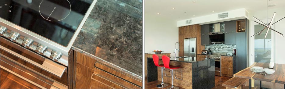 A granite that sparkles with labradorescence, St. Henry granite will appear black in low or slanting light, and full of large luminescent crystals under natural or reflected light