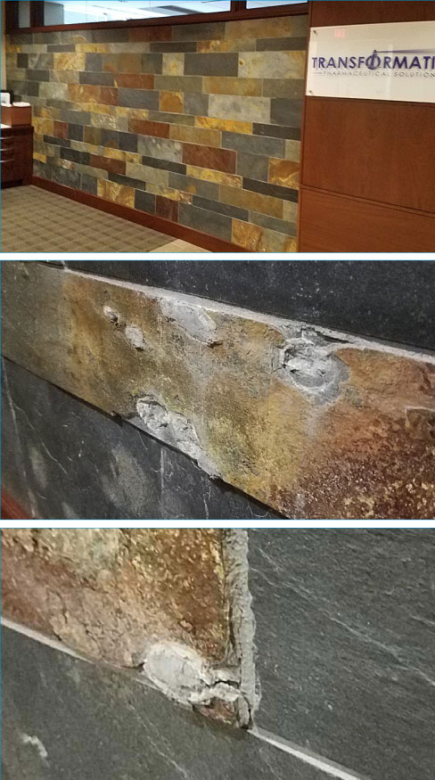 Spalling is not normally associated with interior stone installation, but crank up the humidity high enough and you will get condensation. This case is a rare example of what can happen on unsealed, unprotected stone.