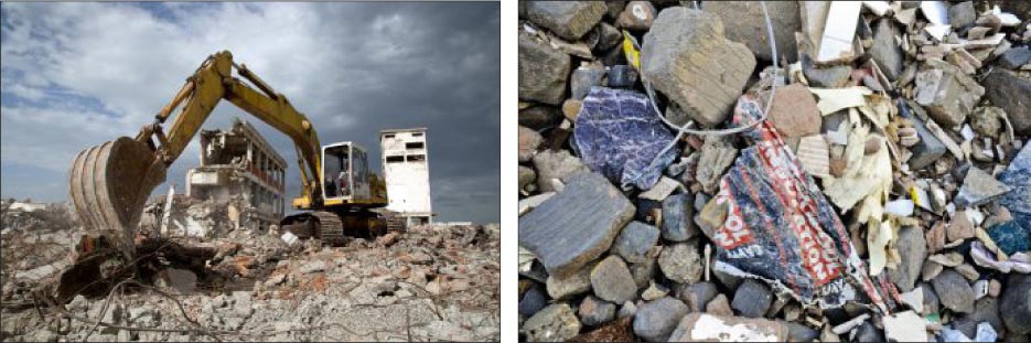 It is estimated that 170 million tons of construction debris is produced every year in the U.S. alone.  Left, above: An average home construction project creates 8,000 pounds of waste per every 2,000 square foot of house. Right, above: Much of this waste is made up of the building materials. In order to keep more materials out of overflowing landfills, the materials are subject to regulations at the local, state and federal level, making it even more appealing to consider finding alternative uses for remnants.