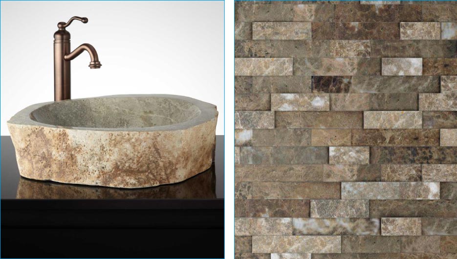 Simple, elegant indoor uses for stone remnants including vanity countertops, backsplashes, and bowl sinks.