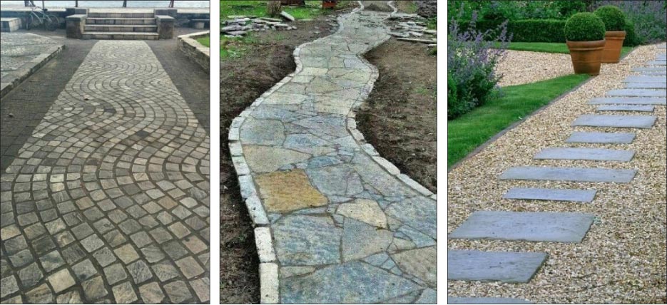 Many different patterns and configurations can be achieved using stone remnants for outdoor paths and paving.