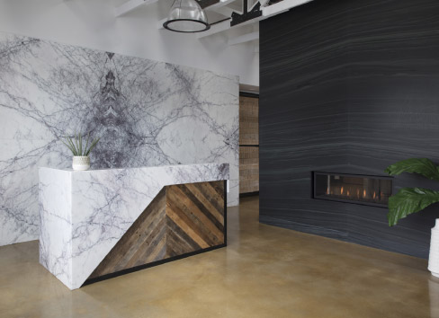 The United Marble Fabricator showroom is a showcase of the art of bookmatching.