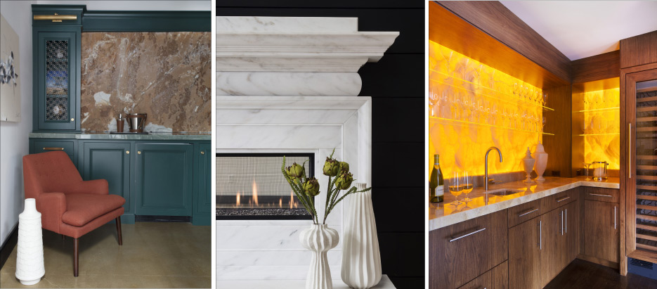 Above, Left and Middle: two vignettes from the UMF showroom. Above, Right: This stunning backlit Honey Onyx bar was awarded a 2015 Pinnacle Award of Excellence in the Residential Interior category.